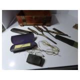 Wood box, hair curlers, antique eyeglasses.