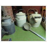 Graniteware canister, ladle, stoneware jar, jug.