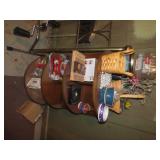 Contents on wood shelves.
