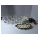 Clear glass stemware, Milk glass dish, painted bow