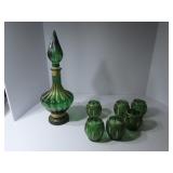 Vintage green glass decanter & 6 cups.