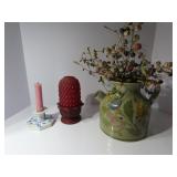 Pottery pitcher, fairy lamp, candle holder.