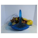 Vintage Cobalt blue glass basket & fruit.