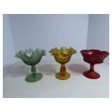 (3)Vintage glass footed bowls. ruffled edge