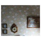 Framed painting, clock, prints.