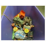 Tote w/lid assorted toys. Army truck