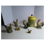 Rooster cookie jar, assorted chicken figures