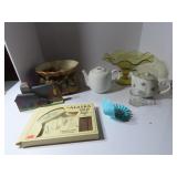 Teapots, Ulu knife, glass footed dish.