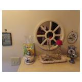 Print, mirror, decor plate oil lamp, clock.