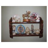 Wood shelf, fenton glass, misc figures.
