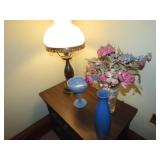 Table lamp, pottery & glass.