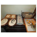 Basket, 6 framed prints/decor.