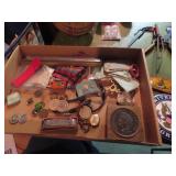 Tokens, harmonica, bank, buckle, advertising.