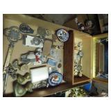 Keychains, patchess, wood box, thermometer.