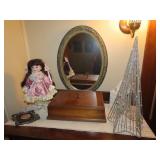 Mirror, porcelain doll, wood box, misc.