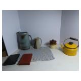 Frankoma pitcher, enamel teapot, misc.