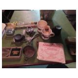 Belt buckle, mugs, skillet, railroad lock, misc.