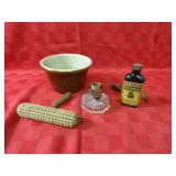 Stove polish bottle, vintage lamp, bowl.