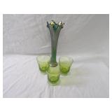 Carnival glass vase, drinking glasses.
