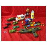 Wood train toys, assorted toys.