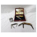Vintage folding knives, lighter.