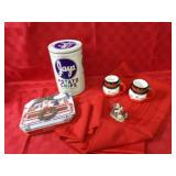 Jays Potato chip tin, snowman mugs, napkins.
