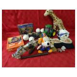 Puzzles, baseballs, John deere tractor, toys.