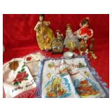 Silk pillow covers, decor figures & dolls.