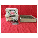 Soda crate, decor boxes, small electric iron.
