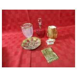 Goofus glass, ice bucket, decanter, mesh purse.