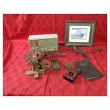 Antique carpet stretcher, radio, clock, print.