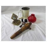 Vintage sifter, barrel spigot, makeup mirror, glas