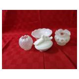 Milk glass birds on nest, white opalescent glass