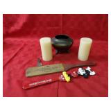 Norris pottery vase As-is, candles, key chain, mic