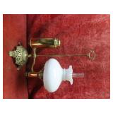 Antique Brass Student oil lamp w/White shade.