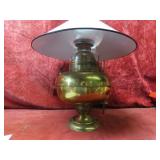 Antique brass oil lamp w/white shade.