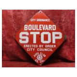 Porcelain enamel Boulevard Stop sign.