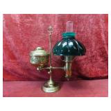 Antique Brass student oil lamp w/green shade.
