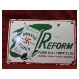 Porcelain Swastik Flour Reform metal sign.