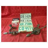 Vintage brace drills, Illinois license plates.