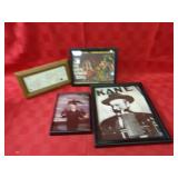 Framed comic strip, movie poster prints.