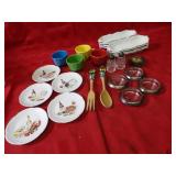 Corn boats, Fiesta ware mugs, salad tools, misc.