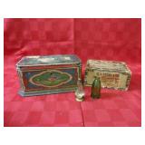 Cigar box, metal box, shakers.