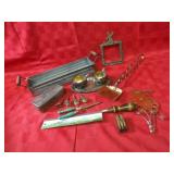 Metal tray, casters, saw, misc decor.