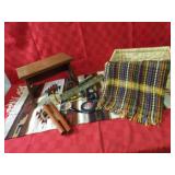 Basket, wood stool, rug, misc, singer oil can, pip
