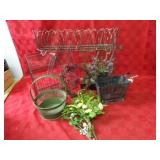 Wrought iron basket & assorted metal baskets.