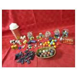 Pool balls, dominoes, wood blocks, toys.