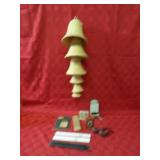 Wicker bell decor, match safe, slide rules.