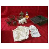 Wicker doll furniture, ceramic pig bank, box, bags