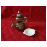 Vintage Copper tea kettle, white lefton dish.